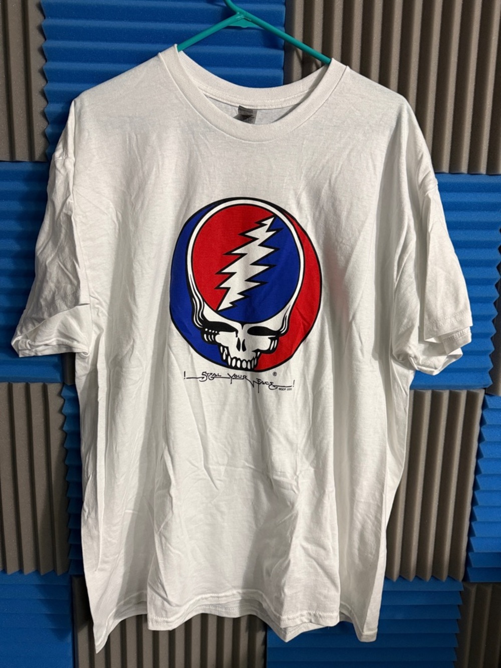 Grateful Dead White Tee with Red & Blue Skull Lightning Logo